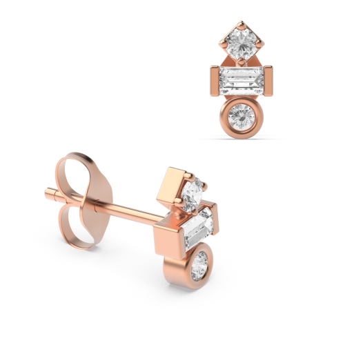 Bezel Setting Round/Baguette Rose Gold Statement ladies Diamond Earrings