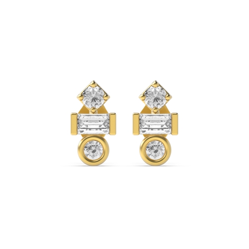 Bezel Setting Round/Baguette Yellow Gold Statement ladies Diamond Earrings