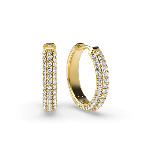 Pave Setting Round Yellow Gold Three rows huggies Hoop Diamond Earrings