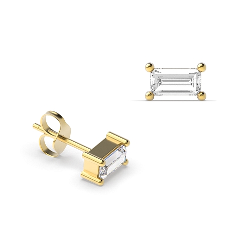 4 Prong Baguette Yellow Gold Minimalist Diamond Earrings