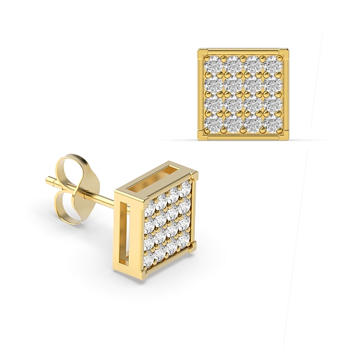 Pave Setting Round Yellow Gold Box shaped Diamond Earrings