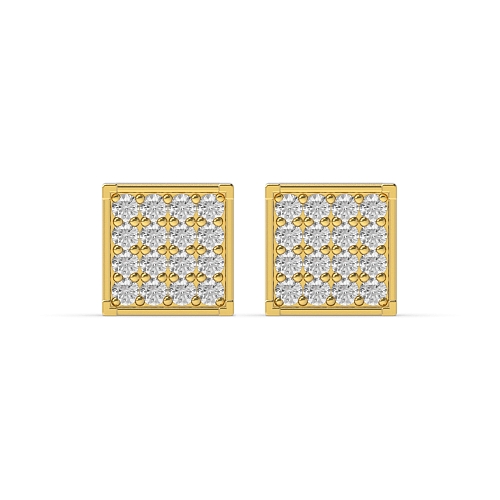 Pave Setting Round Yellow Gold Box shaped Diamond Earrings