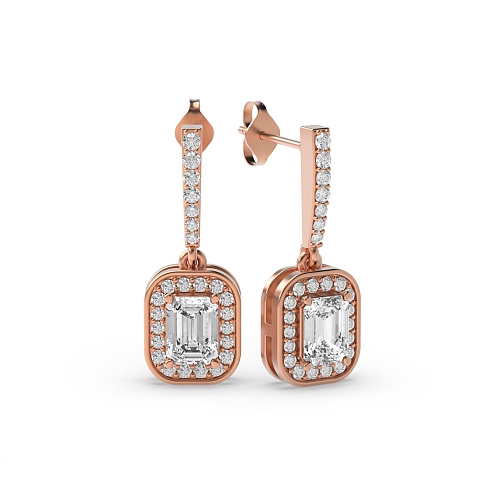 4 Prong Rose Gold Halo Drop Diamond Earrings