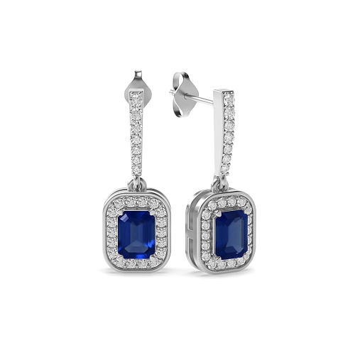 4 Prong Halo Blue Sapphire Diamond Earrings