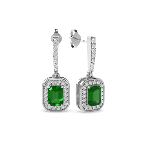 4 Prong Halo Emerald Diamond Earrings