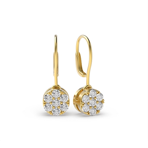 Pave Setting Yellow Gold Round cluster Drop Diamond Earrings