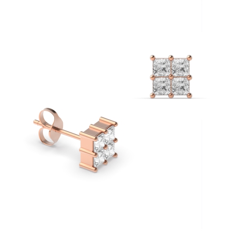 Four Princess Shape Square Diamond Cluster Earrings for Men’s and Women (3.70mm-7.00mm)