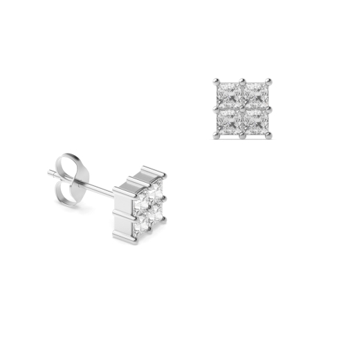 Four Princess Shape Square Diamond Cluster Earrings for Men’s and Women (3.70mm-7.00mm)