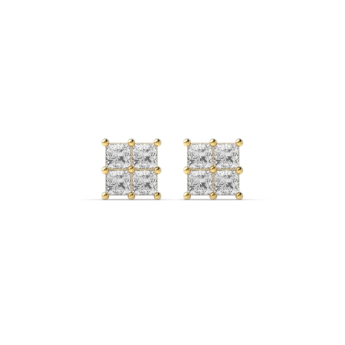 4 Prong Princess Yellow Gold Cluster Earrings