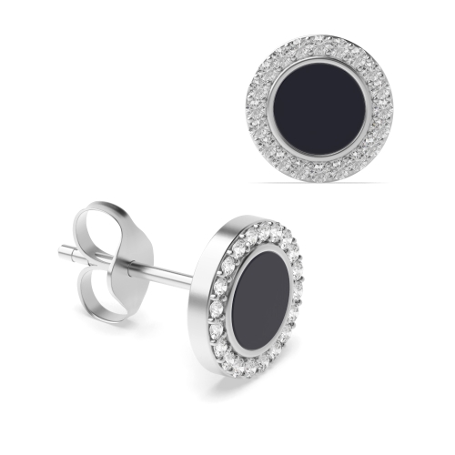 Pave Setting Round Black Onyx Stud Diamond Earrings
