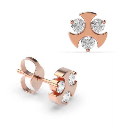 4 Prong Round Rose Gold Stylish 3 stone Diamond Earrings