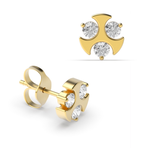 4 Prong Round Yellow Gold Stylish 3 stone Diamond Earrings