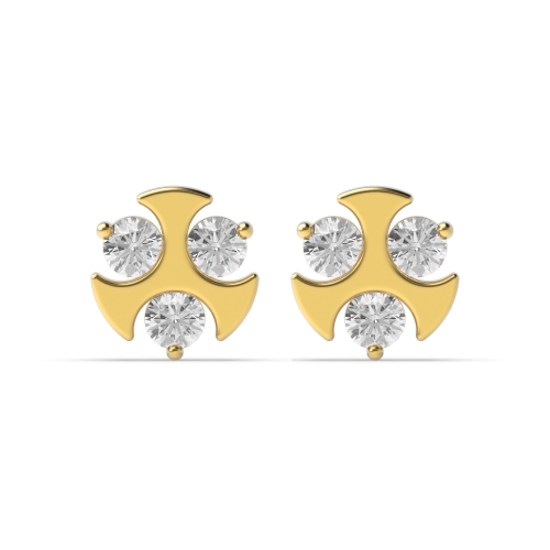 4 Prong Round Yellow Gold Stylish 3 stone Diamond Earrings