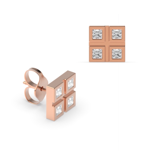 Flush Setting Princess Rose Gold Diamond Earrings