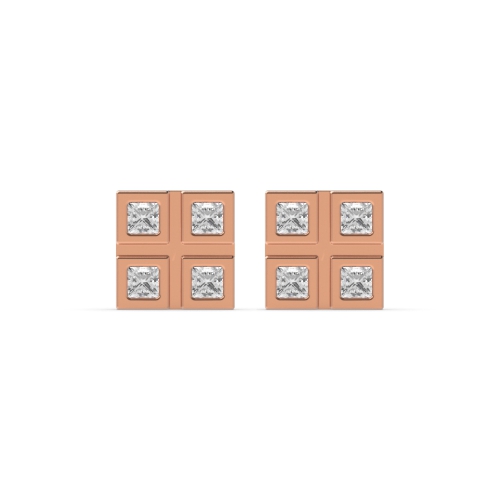 Flush Setting Princess Rose Gold Diamond Earrings