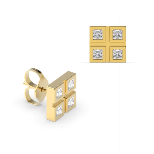 Flush Setting Princess Yellow Gold Diamond Earrings