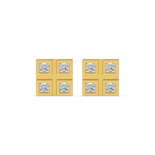 Flush Setting Princess Yellow Gold Diamond Earrings