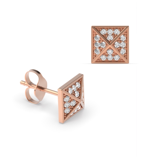 Pave Setting Round Rose Gold Pyramid shaped Diamond Earrings