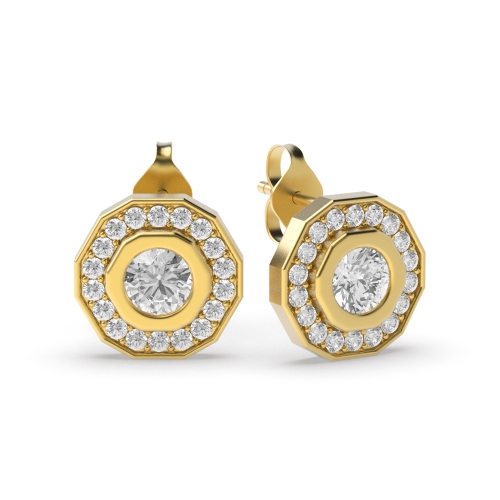 Pave Setting Round Yellow Gold Cluster Earrings