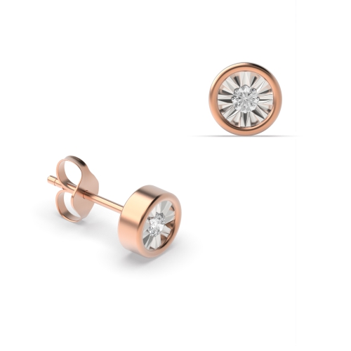 Flush Setting Round Rose Gold Illusion rubover Stud Diamond Earrings