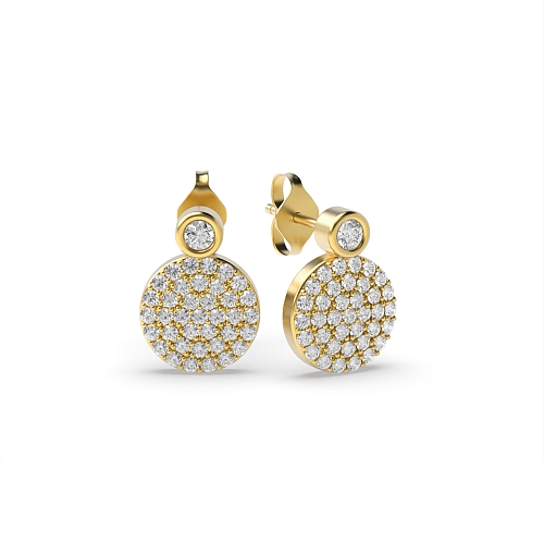 Pave Setting Round Yellow Gold Cluster Earrings