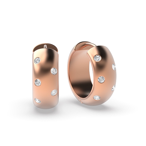 Flush Setting Round Rose Gold Wide Hoop Diamond Earrings
