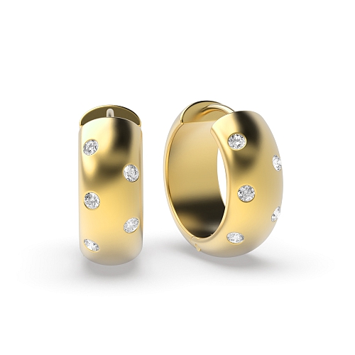 Flush Setting Round Yellow Gold Wide Hoop Diamond Earrings