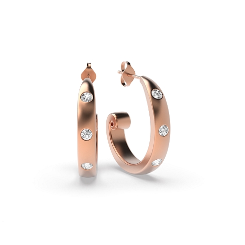 Flush Setting Round Rose Gold Open end Hoop Diamond Earrings