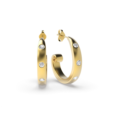 Flush Setting Round Yellow Gold Open end Hoop Diamond Earrings