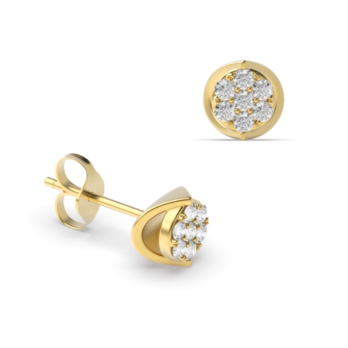 Pave Setting Round Yellow Gold Unique cluster Diamond Earrings