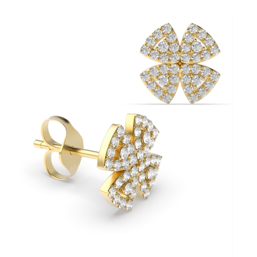 Pave Setting Round Yellow Gold Clover Diamond Earrings