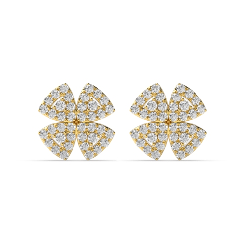 Pave Setting Round Yellow Gold Clover Diamond Earrings