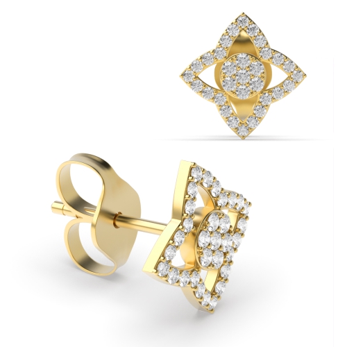 Pave Setting Round Yellow Gold Flower petal Diamond Earrings