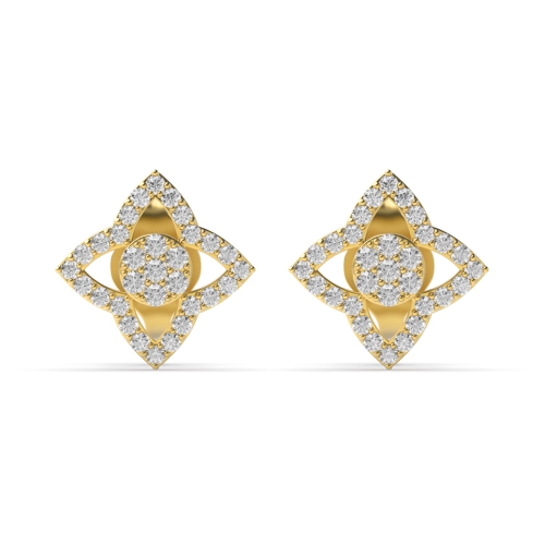 Pave Setting Round Yellow Gold Flower petal Diamond Earrings