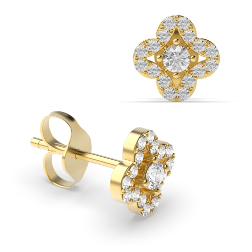 Pave Setting Round Yellow Gold Cluster Earrings