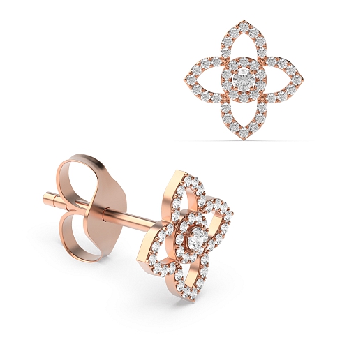 Pave Setting Round Rose Gold Flower pattern Diamond Earrings