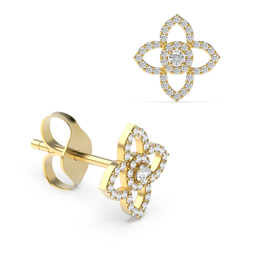 Pave Setting Round Yellow Gold Flower pattern Diamond Earrings