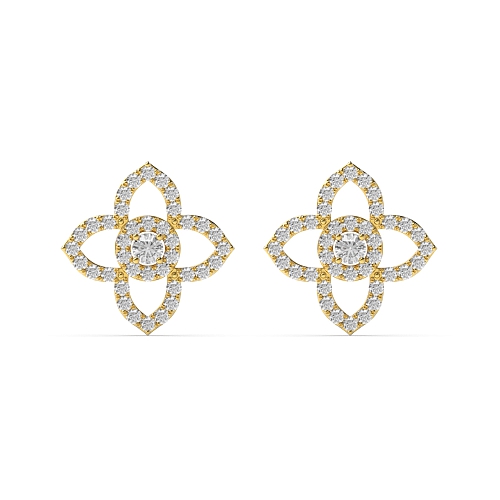 Pave Setting Round Yellow Gold Flower pattern Diamond Earrings