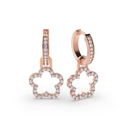 Pave Setting Round Rose Gold Clover shaped hoop Drop Diamond Earrings