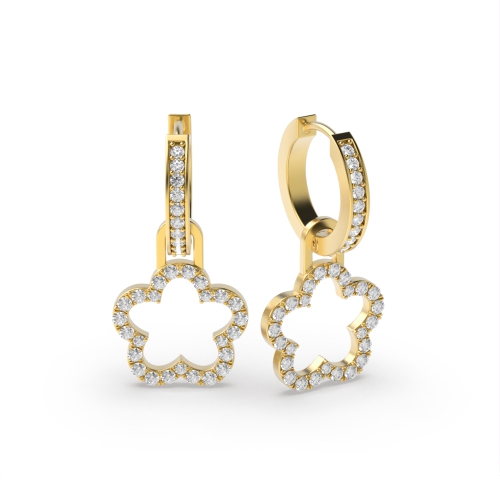 Pave Setting Round Yellow Gold Clover shaped hoop Drop Diamond Earrings