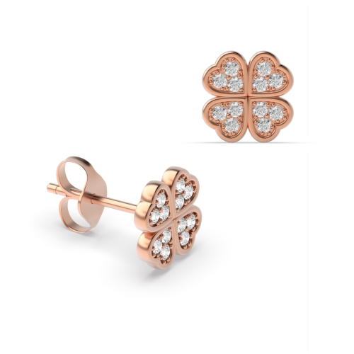 Pave Setting Round Rose Gold 4 leaf clover Stud Diamond Earrings