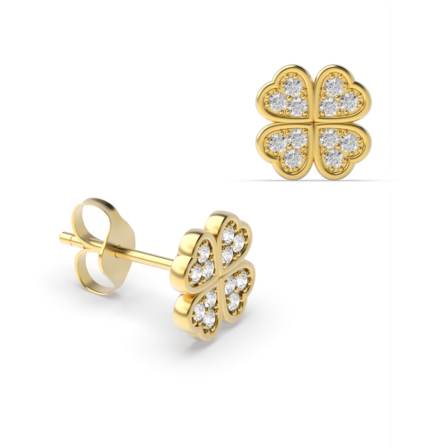 Pave Setting Round Yellow Gold 4 leaf clover Stud Diamond Earrings