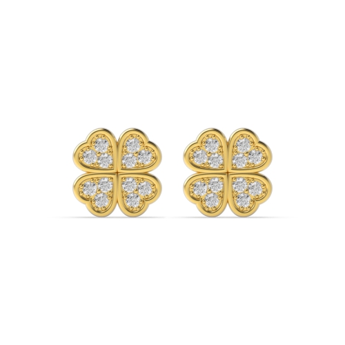 Pave Setting Round Yellow Gold 4 leaf clover Stud Diamond Earrings