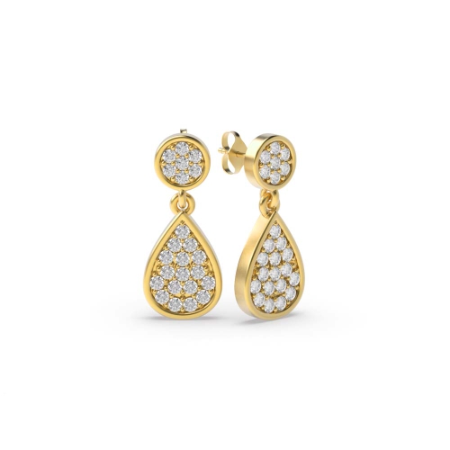 Pave Setting Round Yellow Gold Tear drop cluster Stud Diamond Earrings