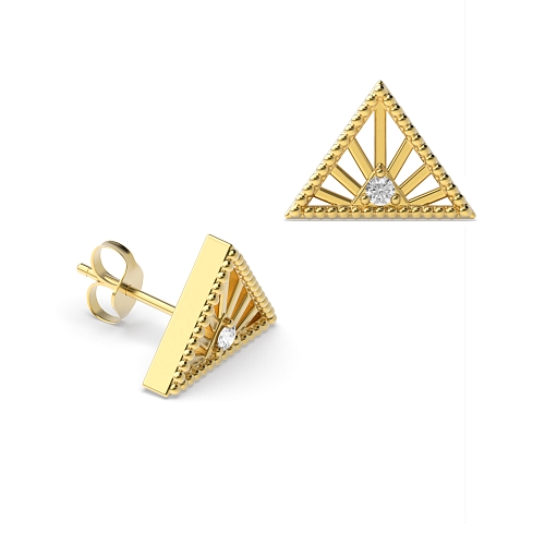 3 Prong Round Yellow Gold Triangle shaped Stud Diamond Earrings