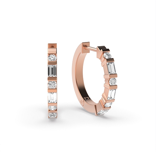 Channel Setting Round/Baguette Rose Gold Bar Hoop Diamond Earrings