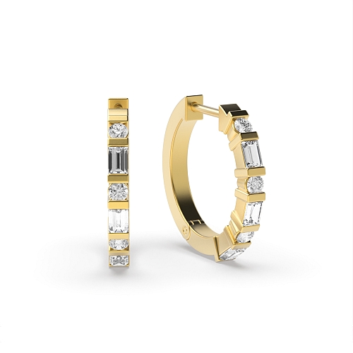Channel Setting Round/Baguette Yellow Gold Bar Hoop Diamond Earrings