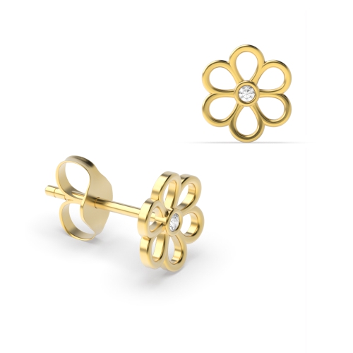 Bezel Setting Round Yellow Gold Daisy Stud Diamond Earrings