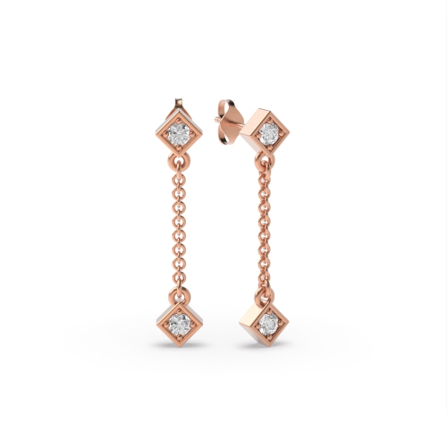 4 Prong Round Rose Gold 2 stone chain Drop Diamond Earrings