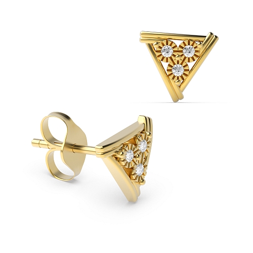 Bezel Setting Round Yellow Gold Illusion triangle Diamond Earrings